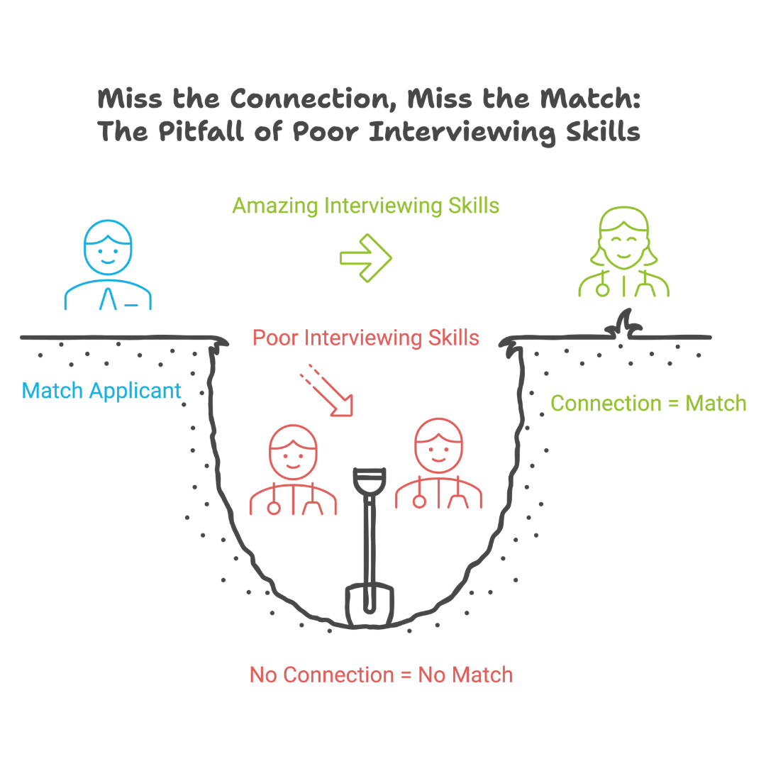 Diagram: 'Miss the Connection, Miss the Match' &mdash; poor interviewing skills leave a match applicant stuck in the gap, while strong interviewing skills carry the connection across to a match.