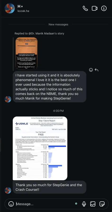 Student testimonial screenshot