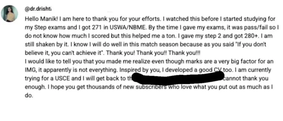 Student testimonial screenshot