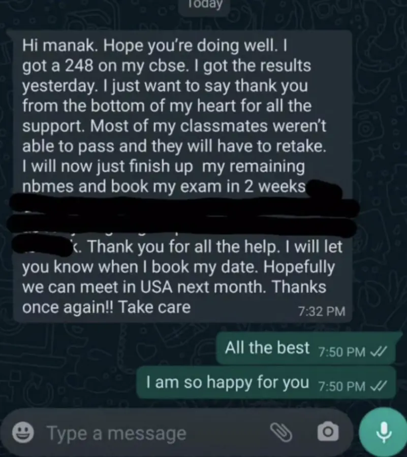 Student testimonial screenshot