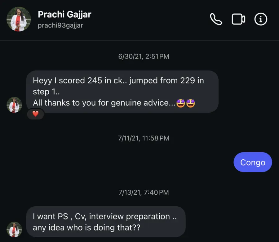 Student testimonial screenshot