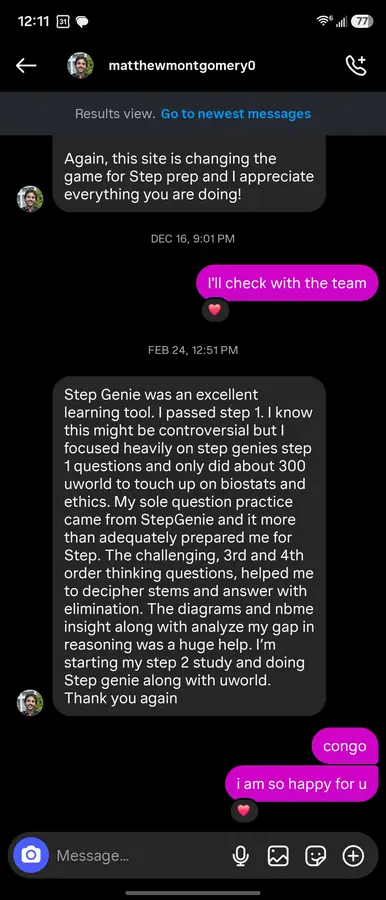 Student testimonial screenshot