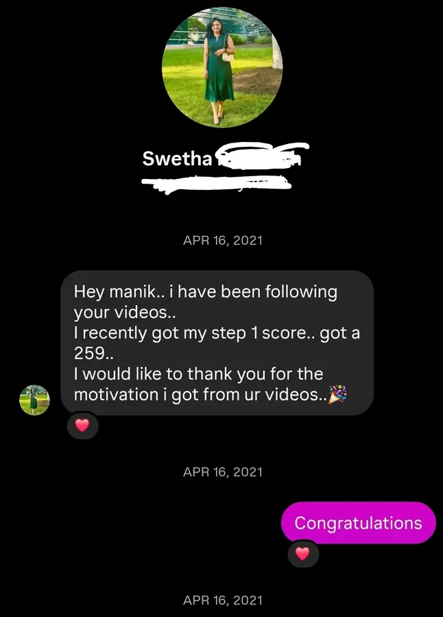 Student testimonial screenshot