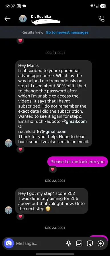 Student testimonial screenshot