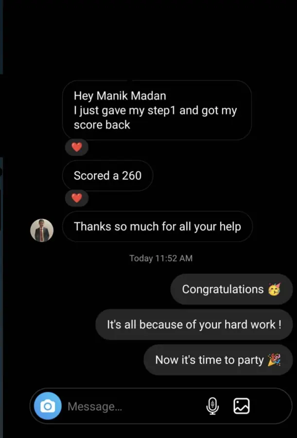 Student testimonial screenshot
