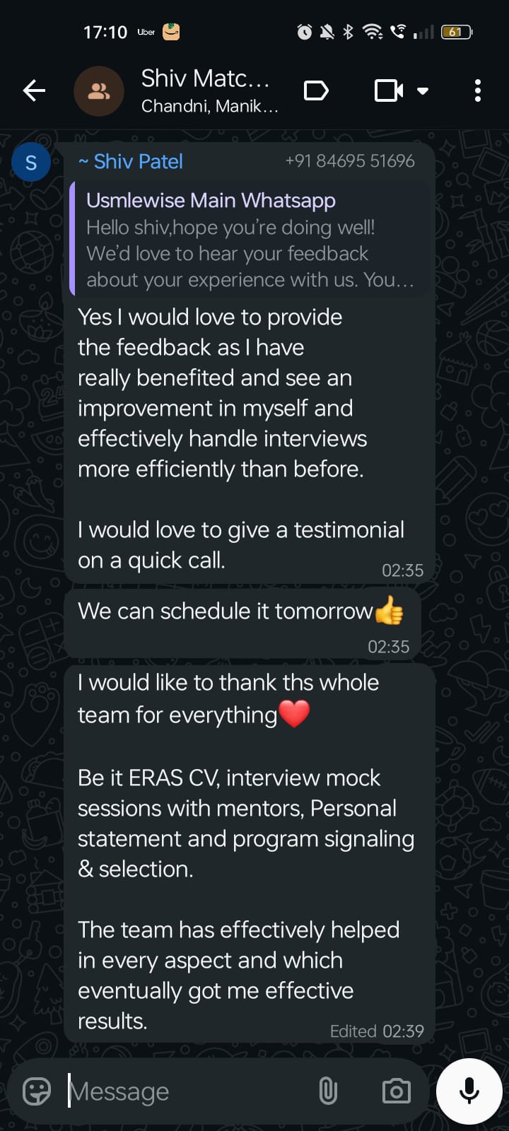 USMLE Wise student match testimonial